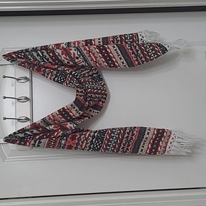 Red, black and gray scarf with white yarn fringe